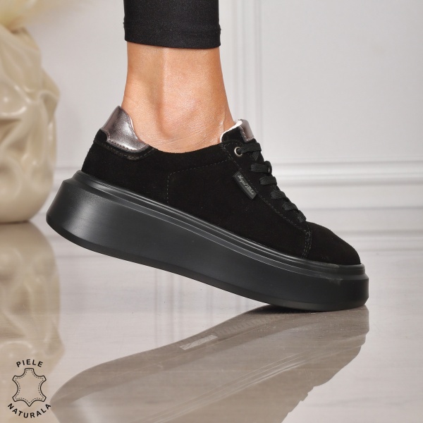 Pantofi sport damă robusti din piele naturală CRL1451 NEGRU - Img 2
