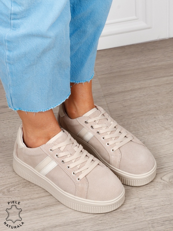 Pantofi sport din piele naturală intoarsa cu finisaje premium CRL1811 BEJ - Img 2