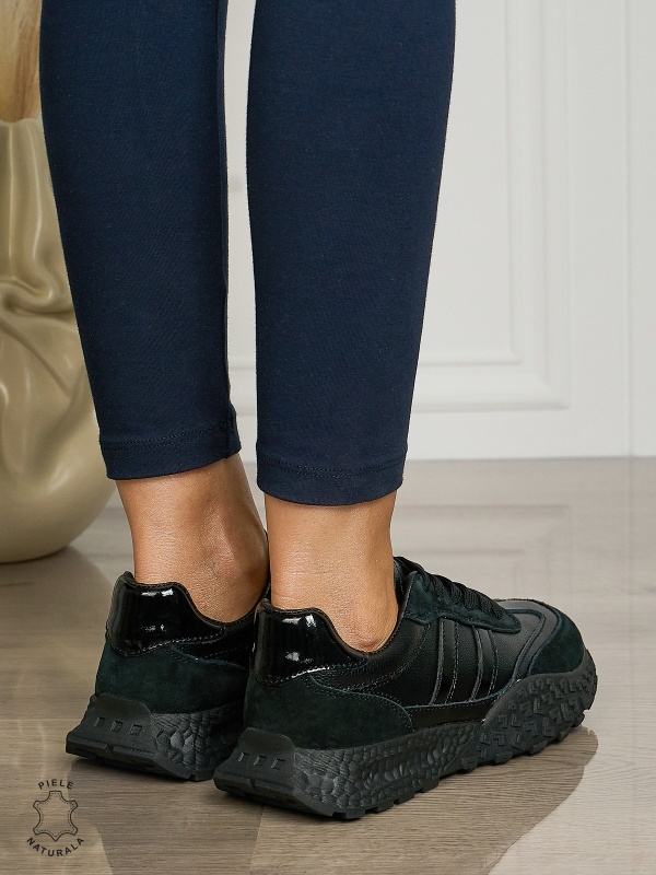 Pantofii casual piele naturala cu siret si dungi laterale CRL1459 NEGRU - Img 3