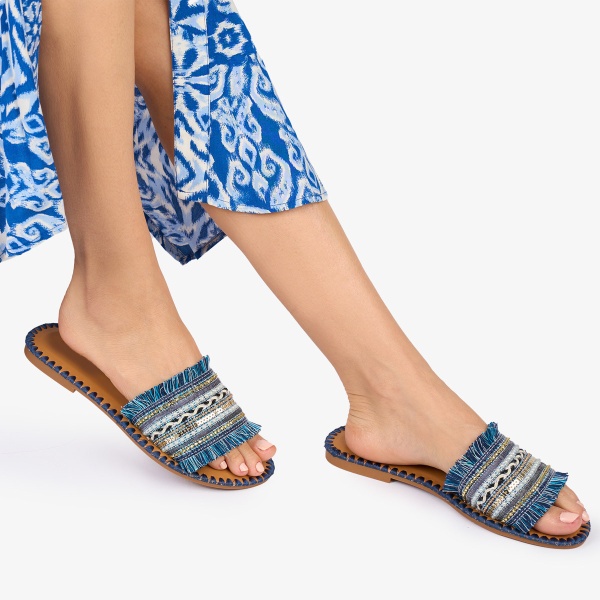 PAPUCI dama Piele ECOLOGICA CU strasuri stil Mexican CRL1013 Culoare: ALBASTRU - Img 2