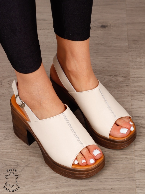 Sandale DAMA DIN PIELE NATURALA CU TOC GROS CRL1409 Bej - Img 2