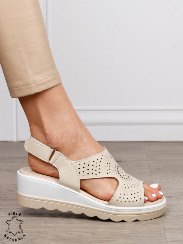 Sandale damă din piele naturală model casual cu barete simple CRL1663 BEJ - Img 2