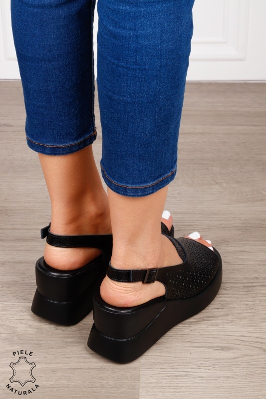 Sandale damă din piele naturală model simplu și confortabil cu platformă CRL1645 NEGRU - Img 3