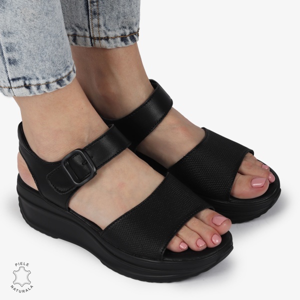 SANDALE Dama Piele Naturala CU CATARAMA CU TALPA INALTA CRL1371 NEGRU - Img 3