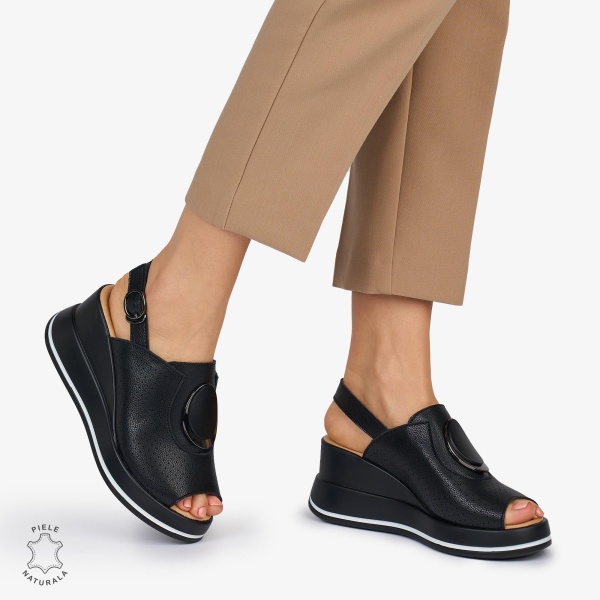 SANDALE Dama Piele Naturala CU TALPA INALTA SI ACCESORIU METALIC CRL1046 Culoare: NEGRU - Img 3