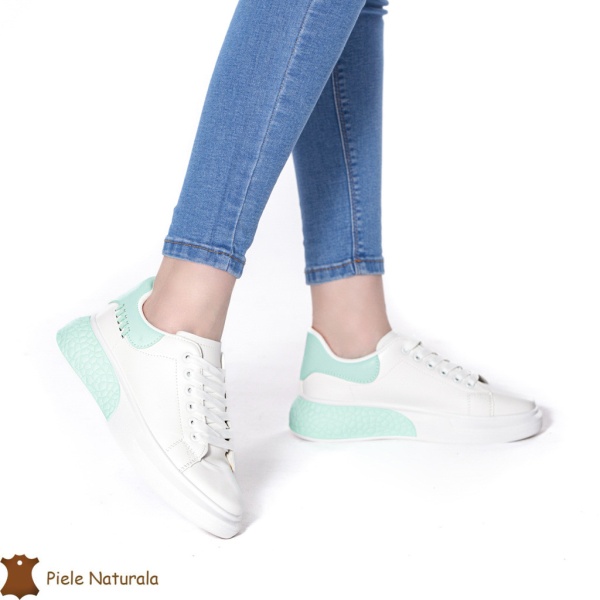 SNEAKERS Dama din Piele Ecologica CRL0129 Alb cu VERDE - Img 2