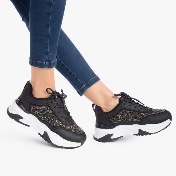 SNEAKERS DAMA din PIELE ECOLOGICA CU STRAS CRL0862 NEGRU - Img 2