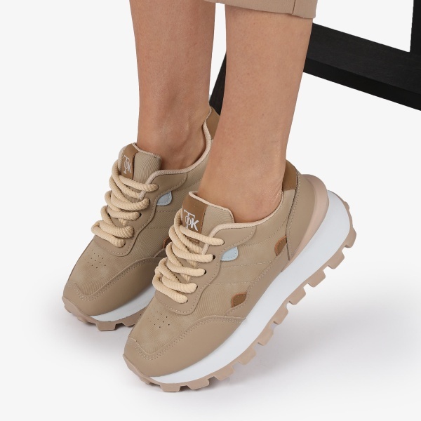 SNEAKERS din PIELE ECOLOGICA SI TEXTIL CRL1514 Camel - Img 2