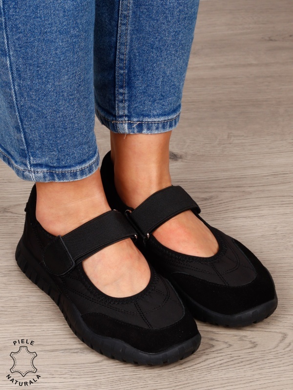 Balerini damă din piele naturală întoarsă și material textil, cu branț din piele naturală CRL1562 NEGRU - Img 2