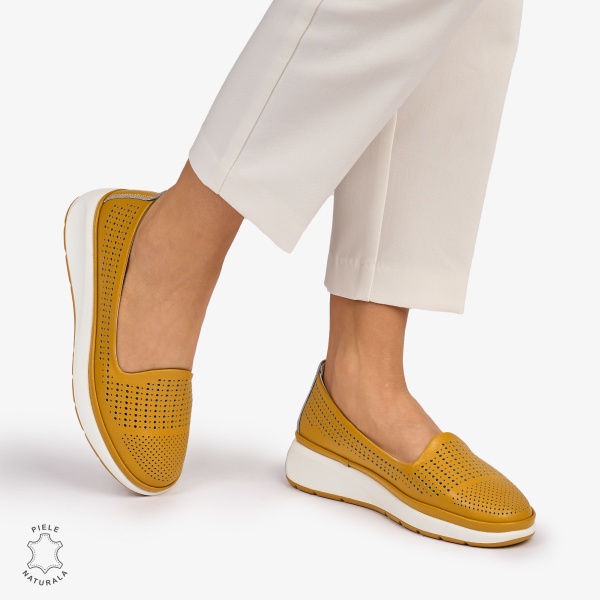 Balerini dama din Piele Naturala Perforata CRL1075 CULOARE: Mustar - Img 2