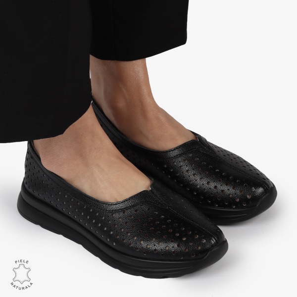 Balerini dama din Piele Naturala PERFORATA CU FUNDITA CRL1417 NEGRU - Img 2