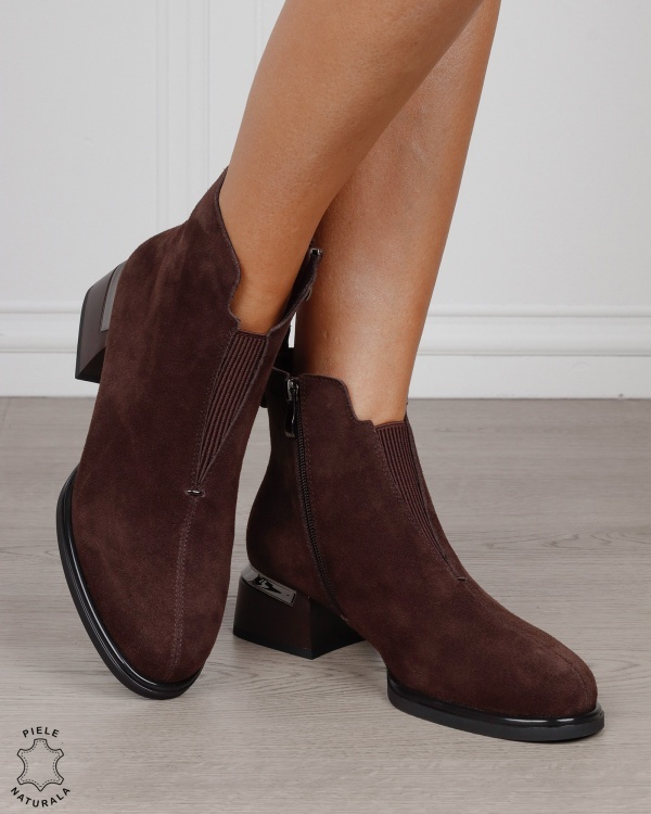 Botine damă din piele naturală Intoarsa cu elastic frontal CRL1882 CAFENIU - Img 5