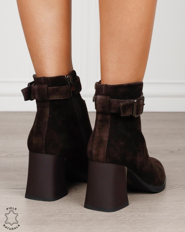 Botine damă din piele naturală întoarsă, cu elastic frontal și baretă cu cataramă CRL1885 CAFENIU - Img 3