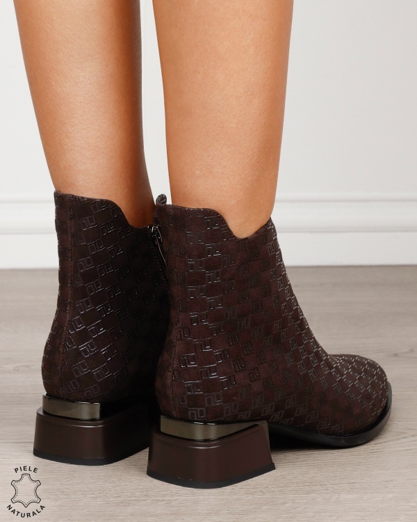 Botine damă din piele naturală întoarsă, cu model imprimat și detalii metalice CRL1884 CAFENIU - Img 3