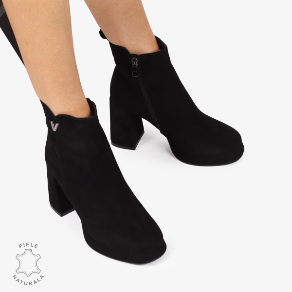 botine dama piele naturala Intoarsa cu toc Gros Inalt CRL1255 NEGRU - Img 5