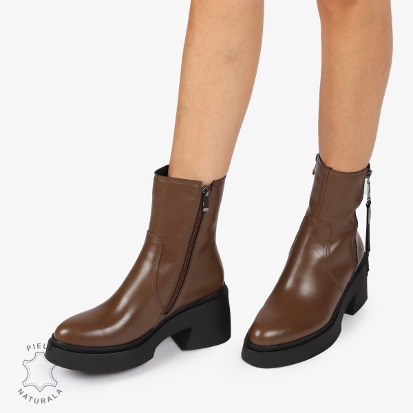 BOTINE DIN PIELE NATURALA cu Fermoar lateral si toc gros CRL1243 Maro - Img 3