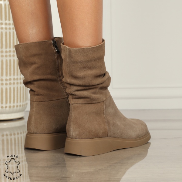 Cizme dama piele naturala intoarsa scurte cu talpa plata si Detaliu Lateral CRL1256 Khaki - Img 3