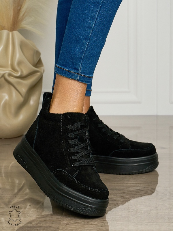 Ghete casual din piele naturală cu talpa solida CRL1510 NEGRU - Img 2