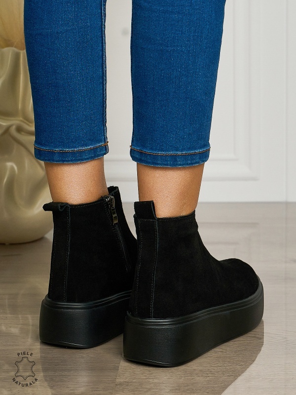 Ghete casual din piele naturală suede cu talpa solida cu fermoar CRL1511 NEGRUS - Img 3