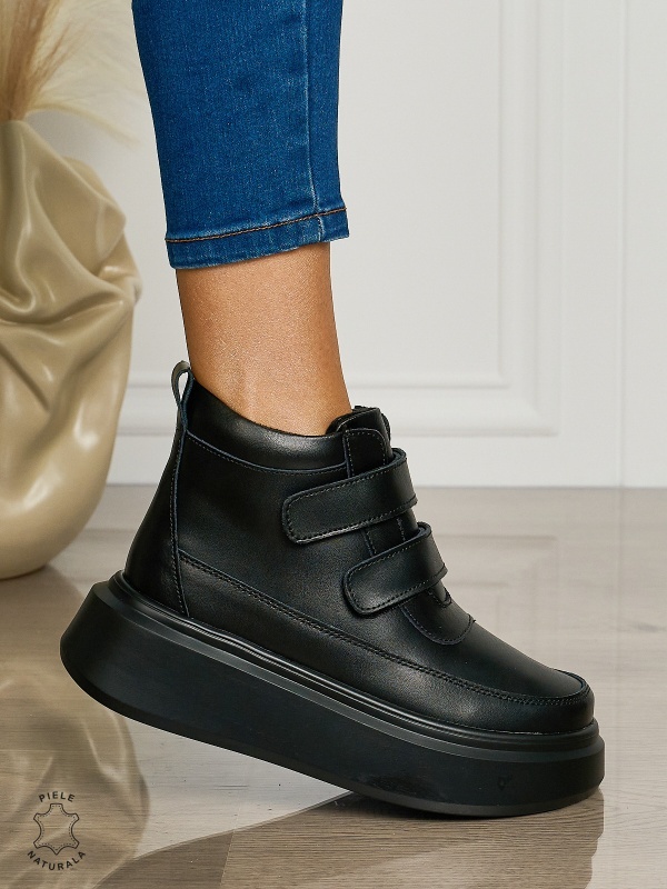 Ghete casual din piele naturală talpa solida cu Velcro si fermoar CRL1512 NEGRU - Img 2