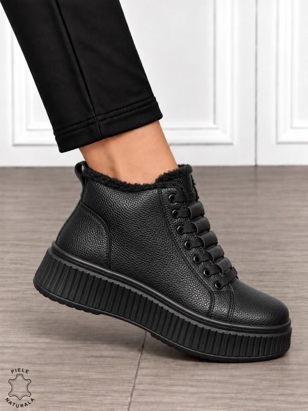 Ghete damă din piele naturală cu finisaj clasic CRL1904 NEGRU - Img 2
