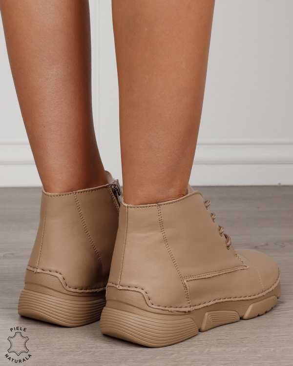 Ghete damă din piele naturală cu șireturi și talpă groasă CRL1872 KHAKI - Img 3