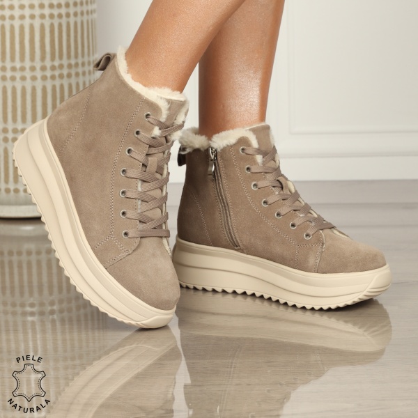 Ghete Dama IMBLANITE DIN Piele Naturala SUEDE CRL1298 KHAKI - Img 2