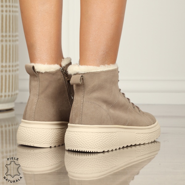 Ghete Dama IMBLANITE piele naturala INTOARSA cu talpă groasă CRL1448 KHAKI - Img 3