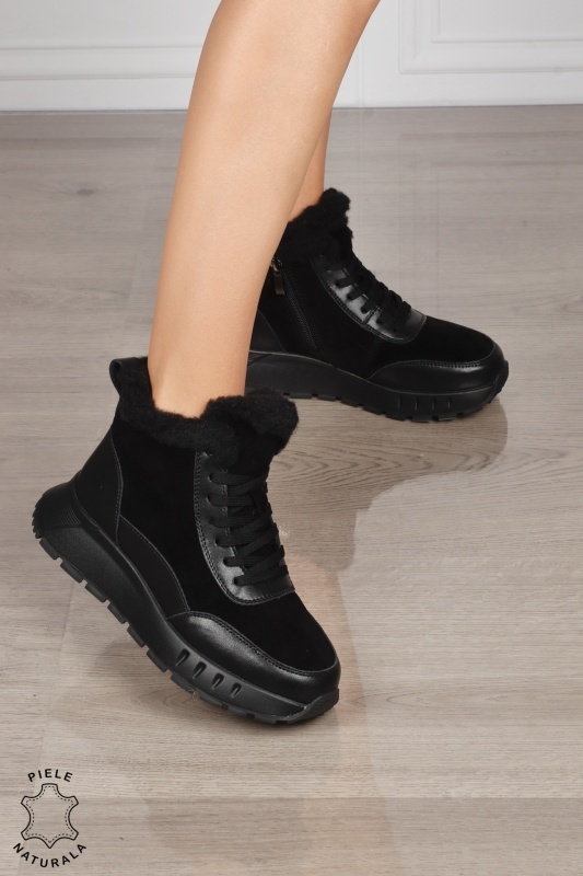 GHETE DAMA scurte din PIELE Naturala Combinata cu Piele intoarsa CRL1528 Negru - Img 2