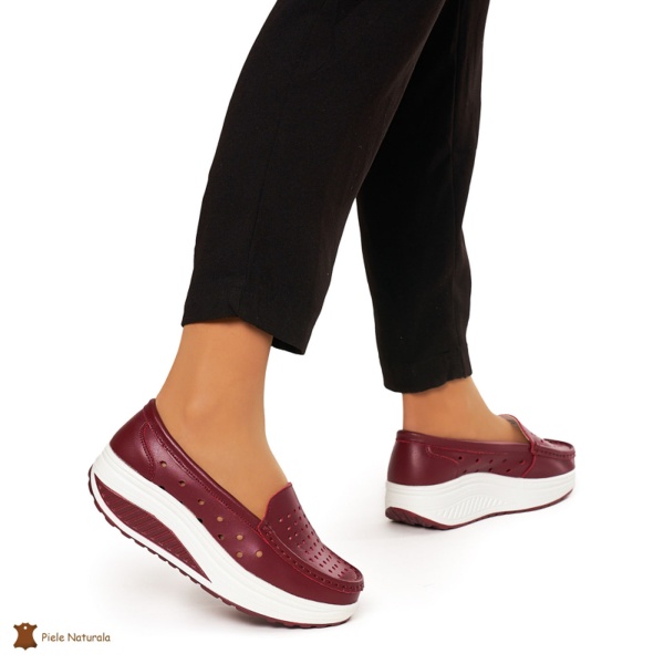 Mocasini Dama Piele Naturala perforati cu talpa groasa CRL0079 BORDO - Img 3