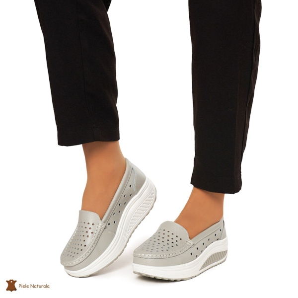 Mocasini Dama Piele Naturala perforati cu talpa groasa CRL0079 GRI - Img 2