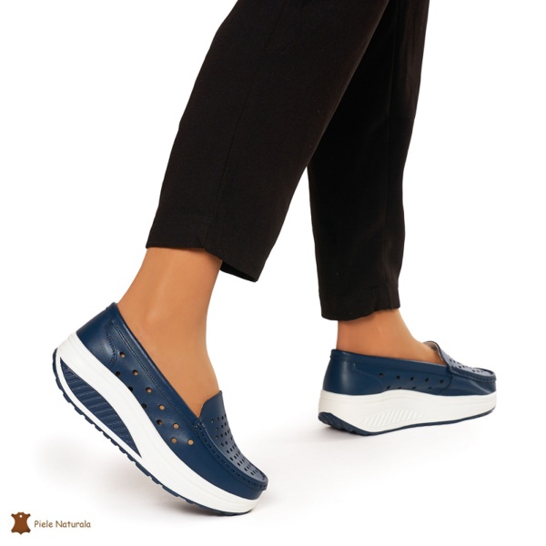 Mocasini Dama Piele Naturala perforati cu talpa groasa CRL0079 NAVY - Img 2