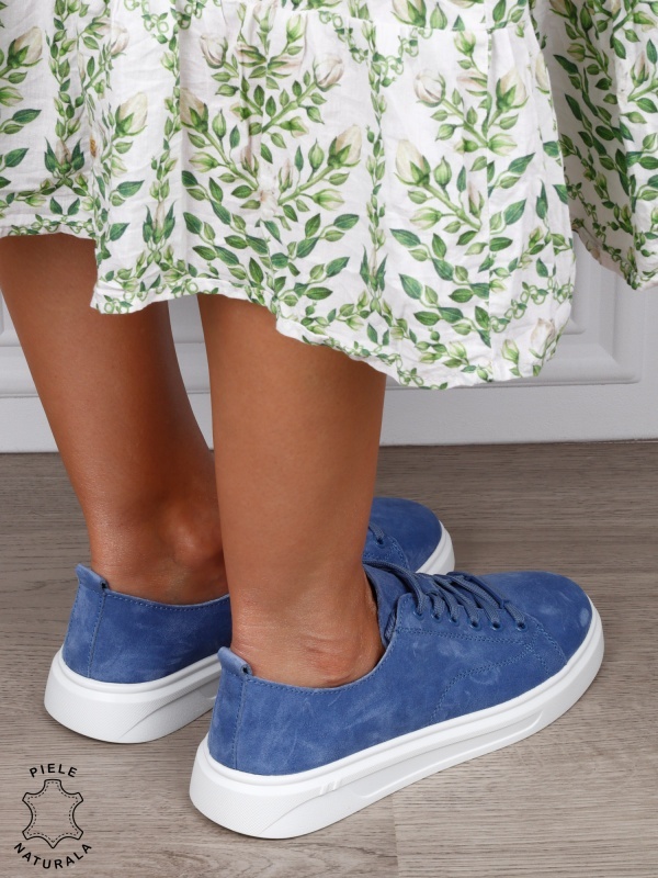 Pantofi casual damă din piele întoarsă naturală cu detaliu decorativ frontal CRL1821 ALBASTRU - Img 3
