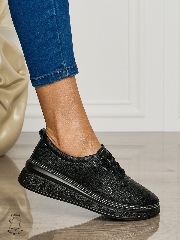 Pantofi CASUAL dama din piele natural cu siret CONFORTABILE CRL1460 NEGRU - Img 2