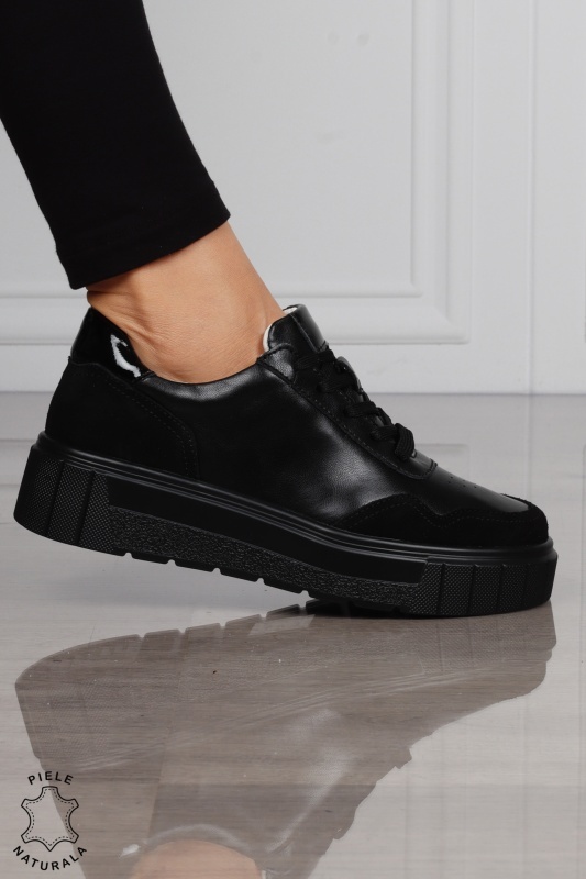 Pantofi Casual DAMA din PIELE Naturala Combinata cu Piele intoarsa CRL1521 NEGRU - Img 2