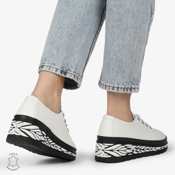 Pantofi Casual dama din Piele naturala CU DESIGN PE TALPA SIRET CRL1345 ALB - Img 3