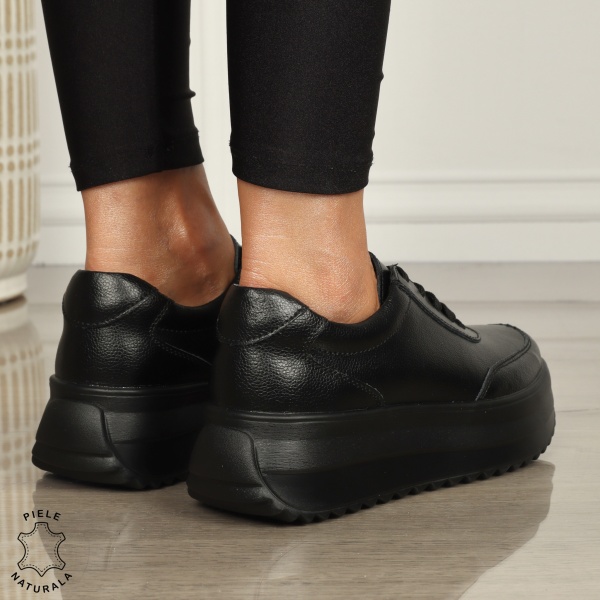 Pantofi casual dama din piele naturala cu șiret comozi și versatili CRL1444 NEGRU - Img 3