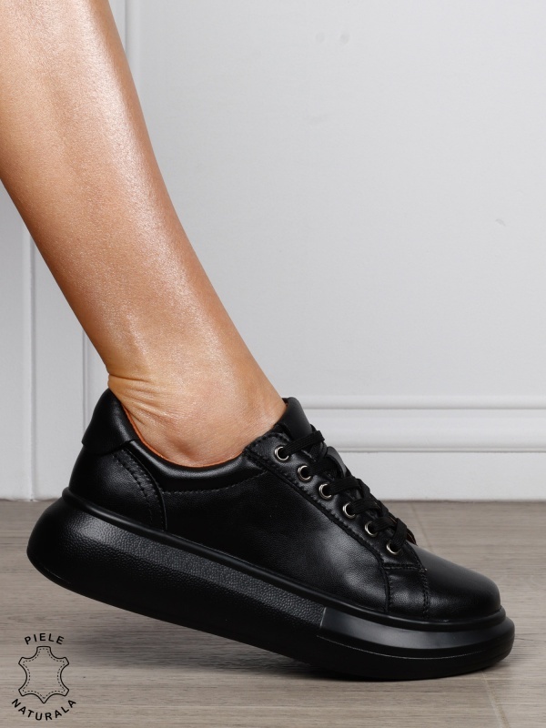 Pantofi Casual Damă din Piele Naturală cu Șiret CRL1802 NEGRU - Img 2