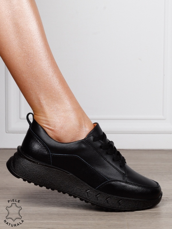 Pantofi Casual Damă din Piele Naturală cu Șiret și Talpă Comfort NEGRU CRL1800 - Img 2