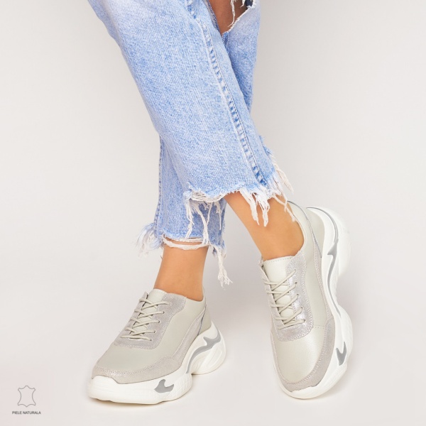 Pantofi Casual dama din Piele naturala cu talpa groasa CRL0037 ARGINTIU - Img 2