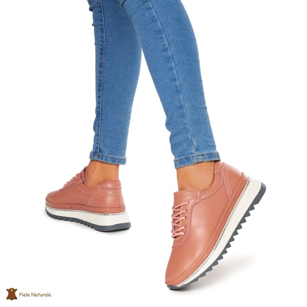 Pantofi Casual dama din Piele naturala cu talpa groasa CRL0048 ROZ - Img 3