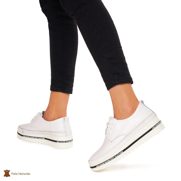 Pantofi Casual dama din Piele naturala cu talpa groasa CRL0053 ALB - Img 3