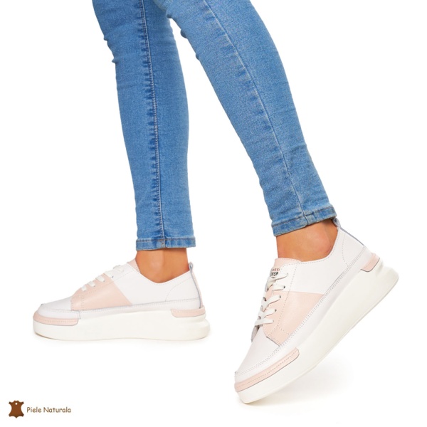 Pantofi Casual dama din Piele naturala cu talpa groasa CRL0056 ALB CU ROZ - Img 2