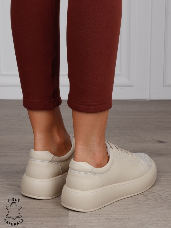 Pantofi Casual damă din piele naturală cu talpa inalta CRL1571 BEJ - Img 3