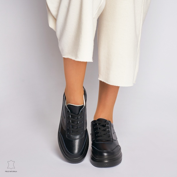 Pantofi Casual dama din Piele naturala cu talpa plata Multicolor CRL0041 Negru - Img 2