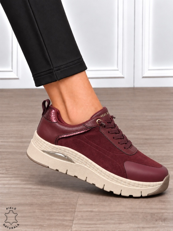 Pantofi casual damă din piele naturală întoarsă cu finisaj catifelat CRL1914 BORDO - Img 2