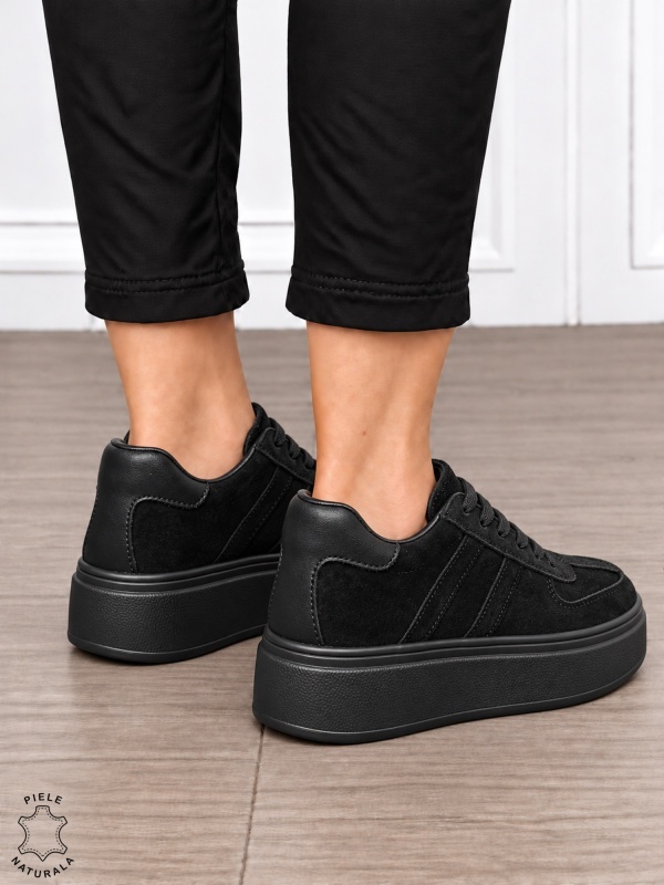 Pantofi casual damă din piele naturală întoarsă cu model lateral CRL1918 NEGRU - Img 3