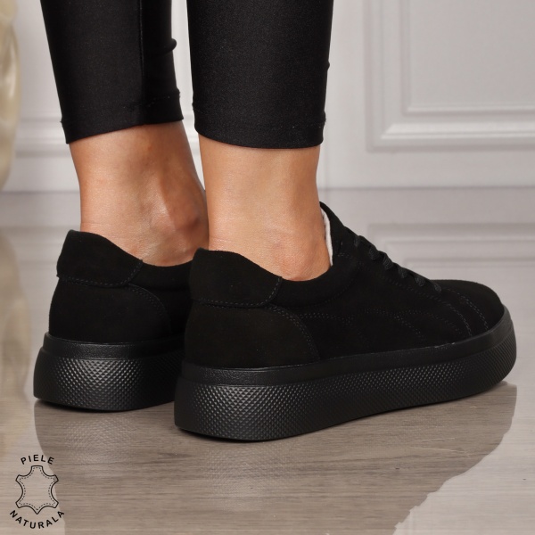 Pantofi CASUAL damă din piele naturală intoarsa CU SIRET CRL1452 NEGRU - Img 3