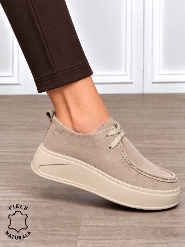 Pantofi casual damă din piele naturală întoarsă cu talpa confortabilă CRL1917 BEJ - Img 2