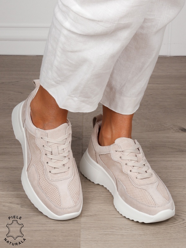 Pantofi Casual dama din Piele Naturala Intoarsa cu talpa inalta CRL1553 BEJ - Img 2